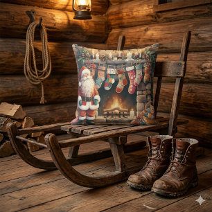 Santa by Fireplace Christmas Stockings Cushion