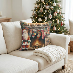 Santa by Fireplace Christmas Stockings Cushion