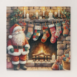 Santa by Fireplace Christmas Stockings Jigsaw Puzzle