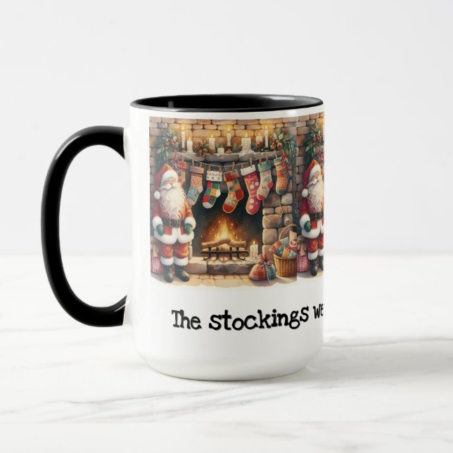 Santa by Fireplace Christmas Stockings Mug (Left)