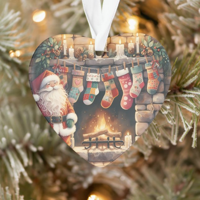 Santa by Fireplace Christmas Stockings Ornament (Tree)