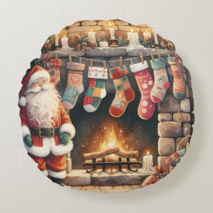 Santa by Fireplace Christmas Stockings Round Cushion