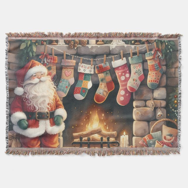Santa by Fireplace Christmas Stockings Throw Blanket (Front)