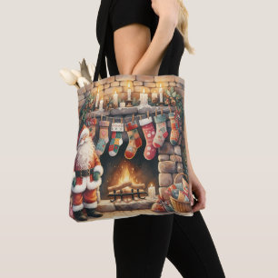 Santa by Fireplace Christmas Stockings Tote Bag