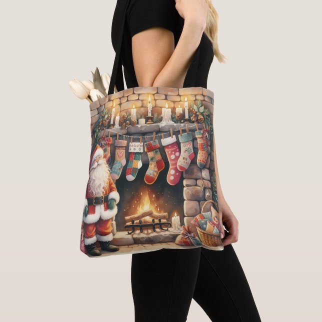Santa by Fireplace Christmas Stockings Tote Bag (Close Up)