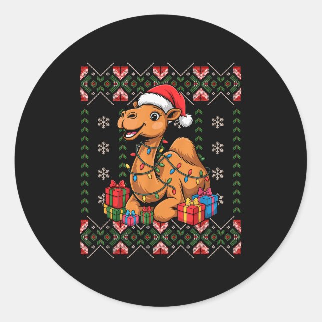 Santa Camel Christmas Ugly Sweater Funny Holiday P Classic Round Sticker (Front)