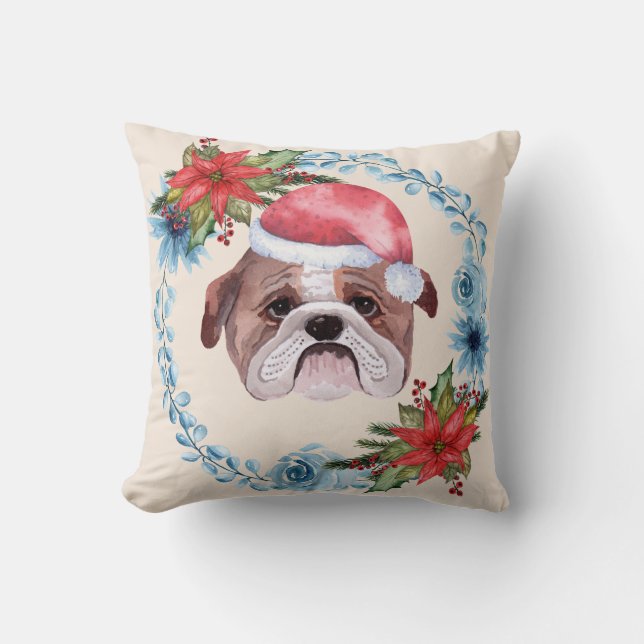 Santa Cap Bulldog Holiday Cushion (Front)