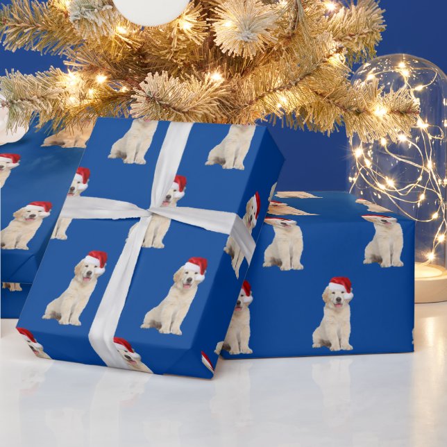 Santa Cap on Golden Retriever Puppy Wrapping Paper (Holidays)