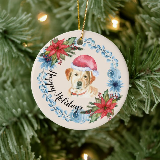 Santa Cap Yellow Lab Customisable Holiday Ceramic Ornament (Tree)