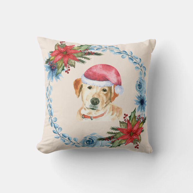 Santa Cap Yellow Lab Holiday Cushion (Front)