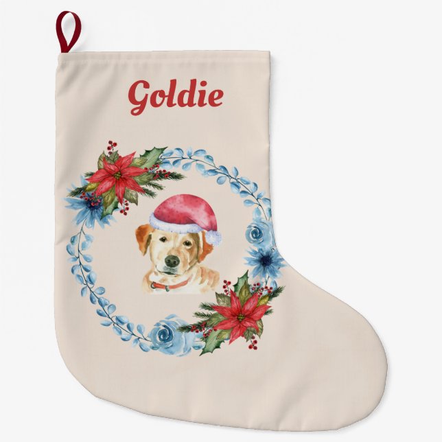 Santa Cap Yellow Lab Personalised Holiday Large Christmas Stocking (Front)