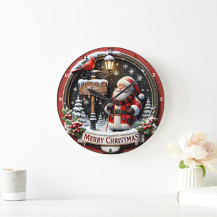 Santa Cardinal's Winter Welcome Vintage Christmas Large Clock