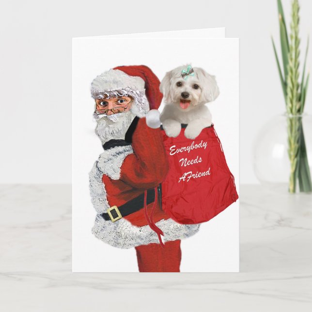 Santa Carries Maltese in His Bag of Gifts Holiday Card (Front)