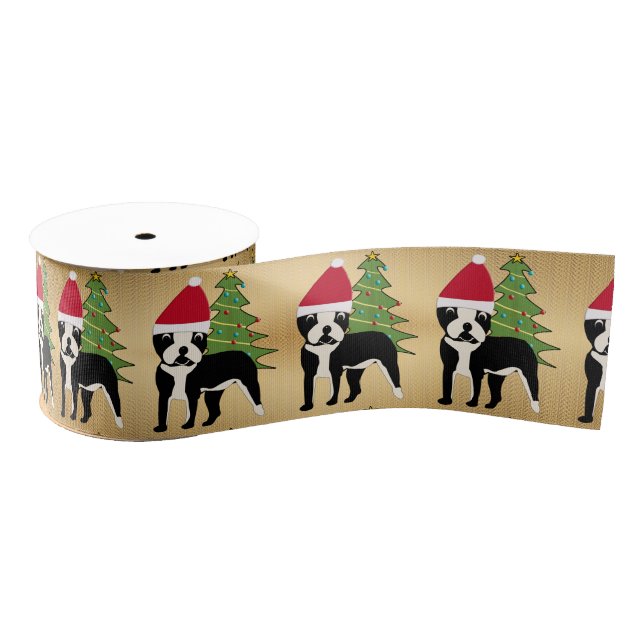 Santa Cartoon Boston Terrier Grosgrain Ribbon (Spool)