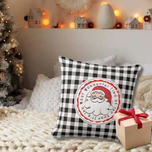 Santa Cartoon Buffalo Plaid Country Black White Cushion