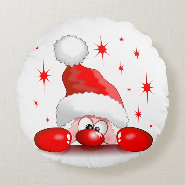 Santa Cartoon Cute Peeking Character © BluedarkArt Round Cushion (Front)