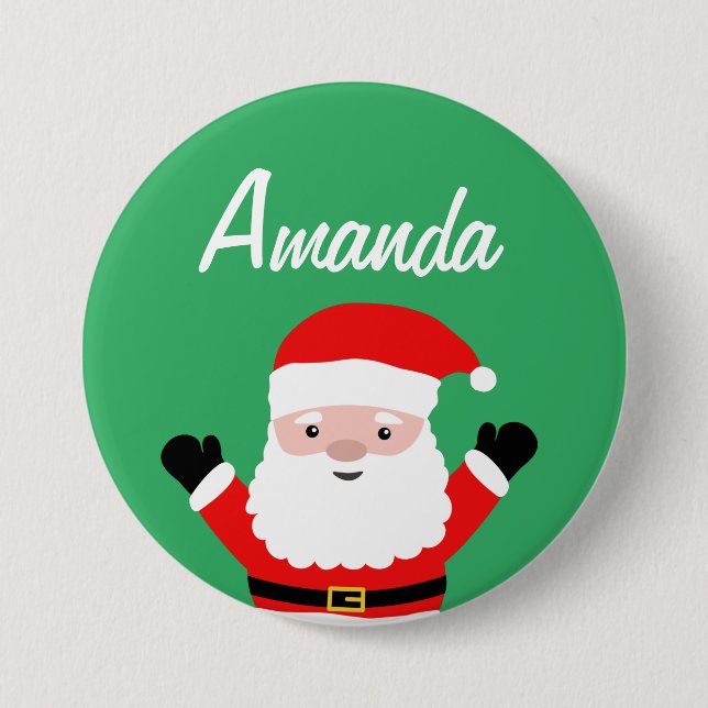 Santa cartoon name button for Christmas party (Front)
