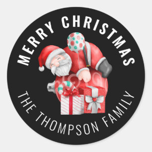 Santa Cartoon Name Merry Christmas Black Classic Round Sticker