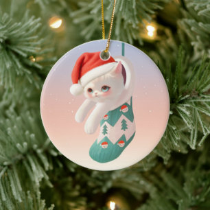 Santa Cat: Bao Bao in Christmas Stocking Art Ceramic Ornament