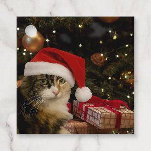 Santa Cat by the Christmas Tree Gift Tag