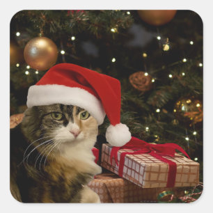 Santa Cat by the Christmas Tree Stickers