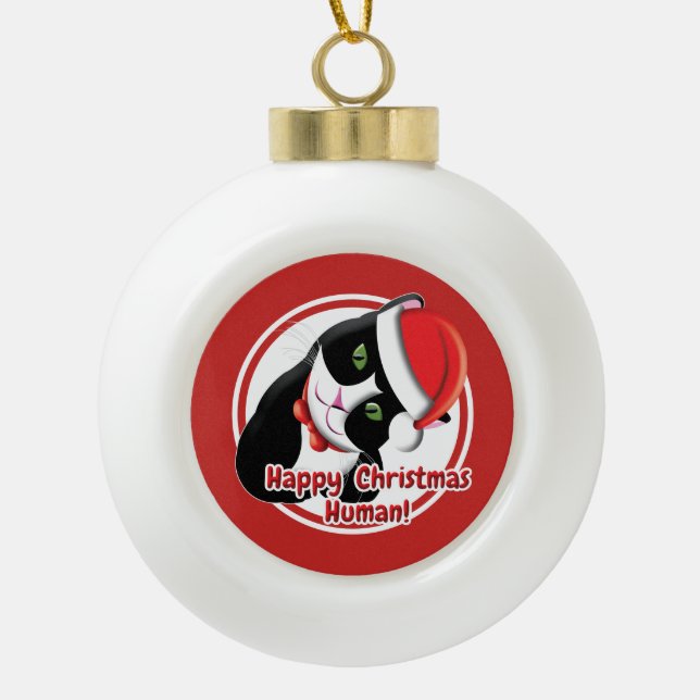 Santa Cat Ceramic Ball Christmas Ornament (Front)
