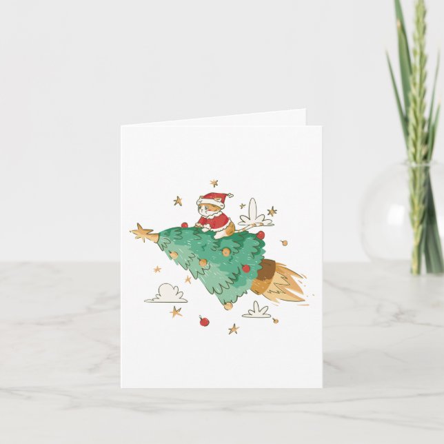 Santa Cat Flying on a Christmas Tree Card (Front)