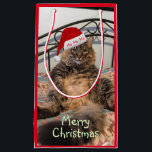 Santa Cat Ho Ho Ho Small Gift Bag<br><div class="desc">This adorable small gift bag shows my large and handsome Siberian cat named Kimber wearing a Santa hat. Caught grooming himself, Kimber has a very surprised look on his face. His legs are spread, his large feet are sticking out to the sides of him, and his fluffy long tail is...</div>