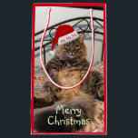 Santa Cat Ho Ho Ho Small Gift Bag<br><div class="desc">This adorable small gift bag shows my large and handsome Siberian cat named Kimber wearing a Santa hat. Caught grooming himself, Kimber has a very surprised look on his face. His legs are spread, his large feet are sticking out to the sides of him, and his fluffy long tail is...</div>