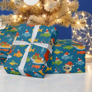 Santa Cat in Fishing at Christmas Tree Wrapping Paper