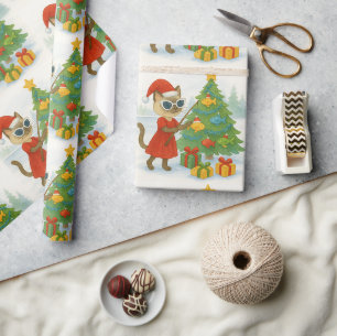 Santa Cat in Fishing at Christmas Tree Wrapping Paper