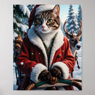 Santa Cat Leading the Christmas Sleigh Poster