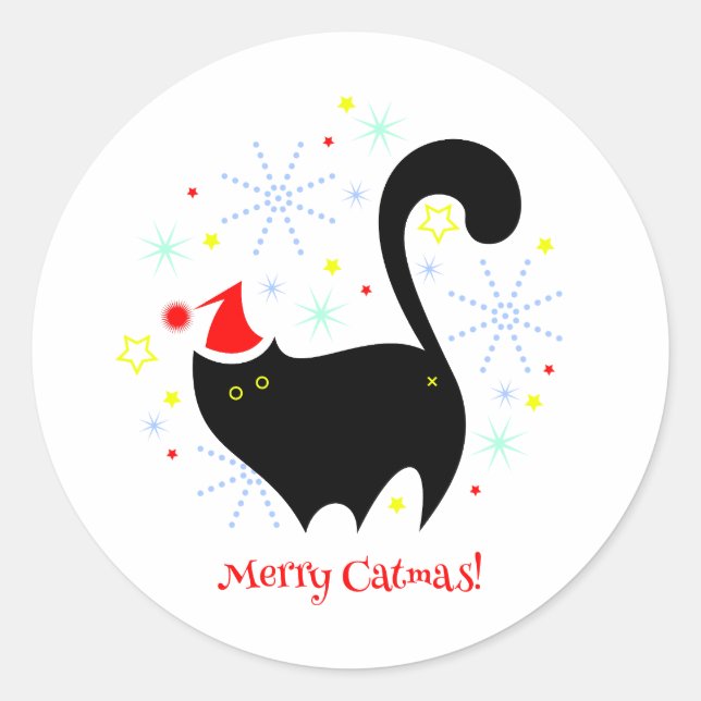 Santa Cat Merry Catmas Christmas Holiday Classic Round Sticker (Front)