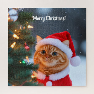 Santa Cat Next To Christmas Tree Jigsaw Puzzle
