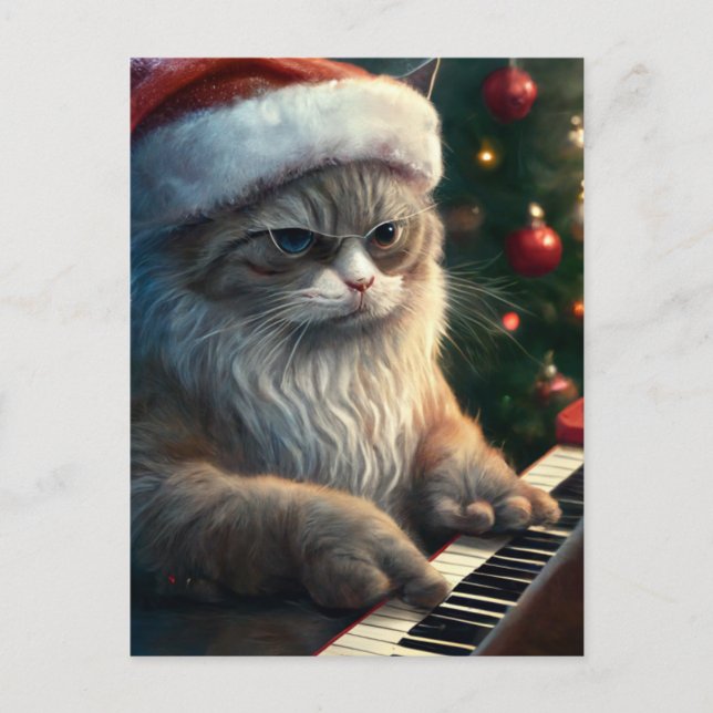 Santa Cat Plays Piano Postcard (Front)