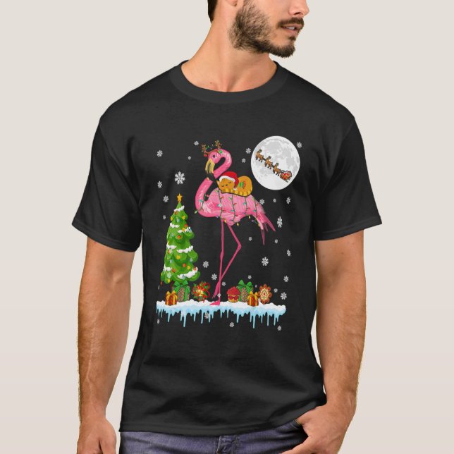 Santa Cat Ridding Reindeer Flamingo Christmas Tree T-Shirt (Front)
