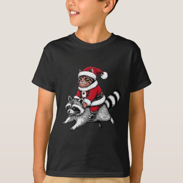Santa Cat Riding A Raccoon Christmas Men Women Kid T-Shirt (Front)