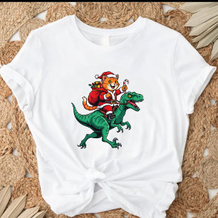 Santa Cat Riding Dinosaur T-Shirt