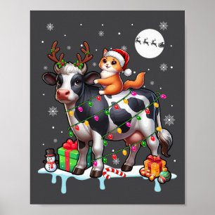 Santa Cat Riding Reindeer Cow Christmas Lights Col Poster