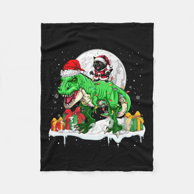 Santa Cat Riding T-rex Christmas Owner Kids Family Fleece Blanket (Front)