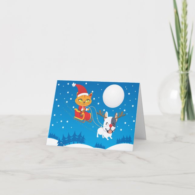 Santa Cat Sleigh Holiday Card (Front)