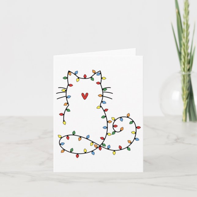 Santa Cat Tangled Up In Christmas Tree Lights Holi Card (Front)