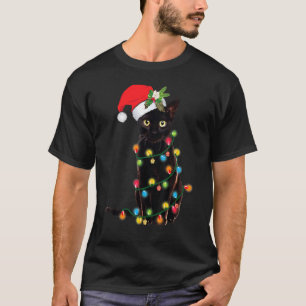 Santa Cat Tangled Up In Christmas Tree Lights Holi T-Shirt