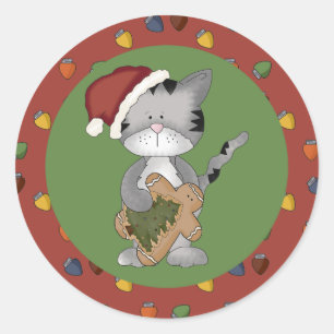 Santa Cat with Gingerbread Man Classic Round Sticker