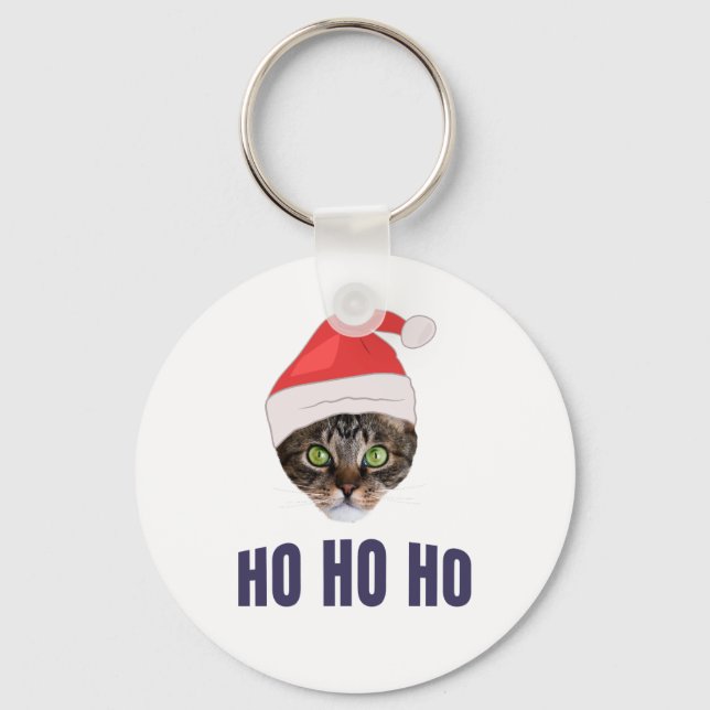 Santa Cat with Santa hat, Ho Ho ho Invitation Squa Key Ring (Front)