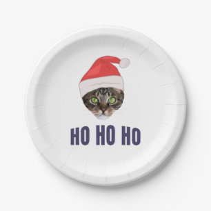 Santa Cat with Santa hat, Ho Ho ho Invitation Squa Paper Plate