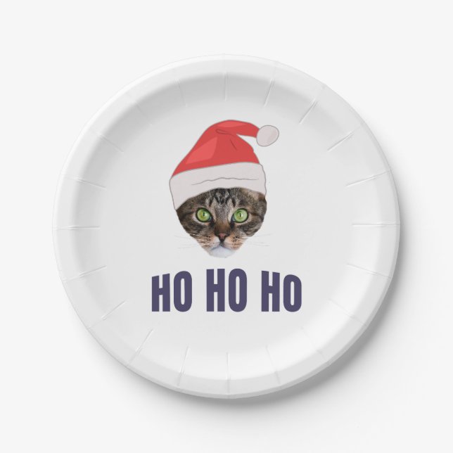 Santa Cat with Santa hat, Ho Ho ho Invitation Squa Paper Plate (Front)