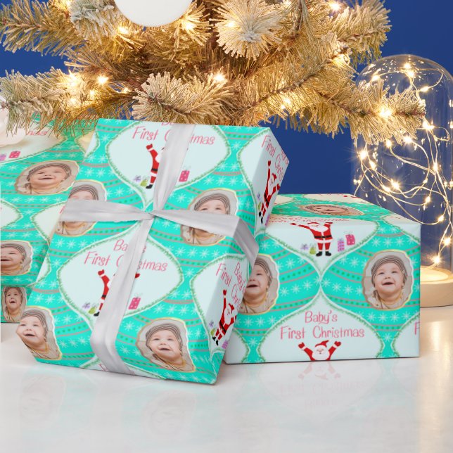 Santa Celebrates Baby's First Christmas Photo Wrapping Paper (Holidays)