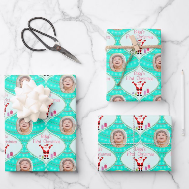 Santa Celebrates Baby's First Christmas Photo  Wrapping Paper Sheet (Front)