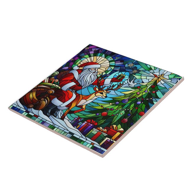 Santa celebrates by the colourful Christmas tree Ceramic Tile (Side)
